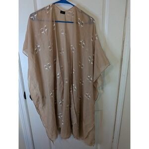 LVS Collections Tan Flamingo Print Kimono Wrap One Size Beach Coverup Boho